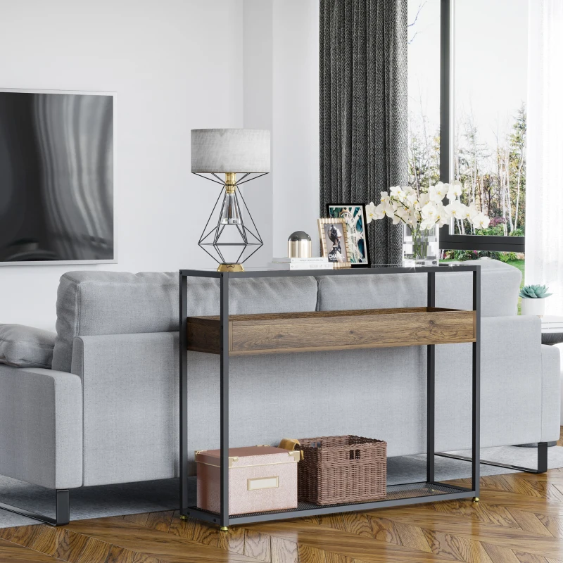 HOMCOM Tavolo Consolle in Stile Industriale, Struttura in Metallo, Legno e Vetro, 108x28x85cm, Marrone