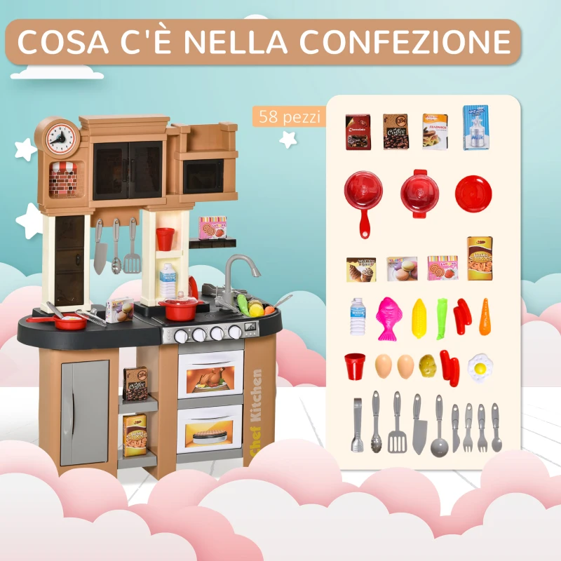 HOMCOM Cucina per Bambini 3-6 Anni con 58 Accessori, Fornelli con Suoni e Lavandino Funzionante, 63x35x84, Grigio Marrone