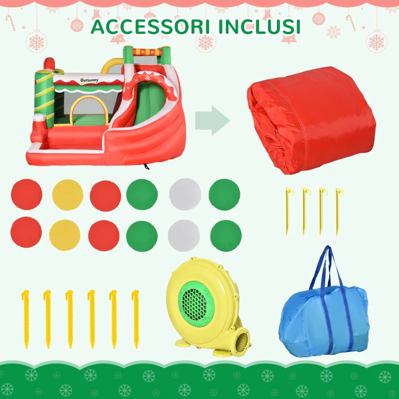 Outsunny Castello Gonfiabile Gigante a Tema Natalizio per Bambini 3-8 Anni con Scivolo e Accessori, 290x280x220 cm
