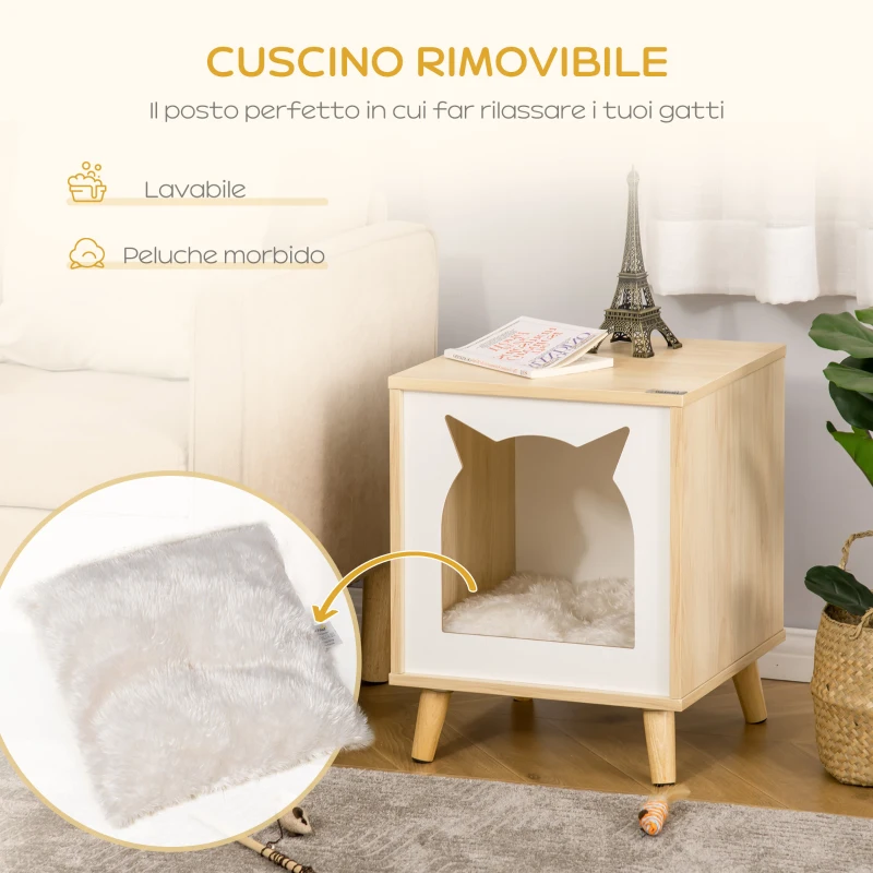 PawHut Casetta per Gatti 2 in 1 e Tavolino, Cuscino Lavabile e Gambe in Legno, 40x40x50cm