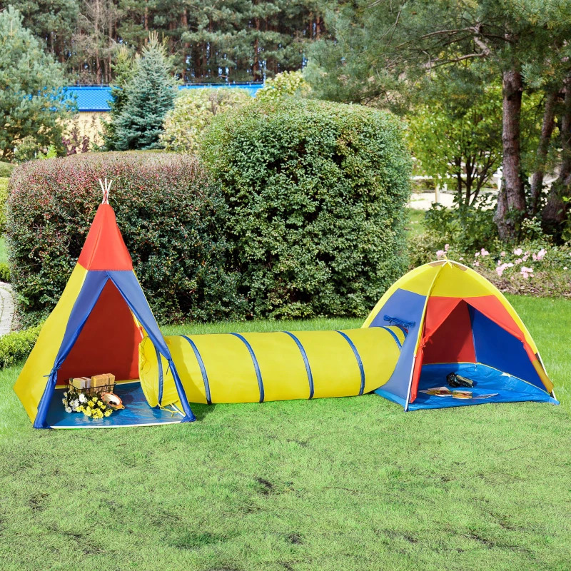 HOMCOM Spielzelt Kinderzelt Babyzelt mit krabbeltunnel Fenster Spielhaus mit Tragetasche für 3-8 Jahre alt 170T Polyester 360 x 120 x 132 cm