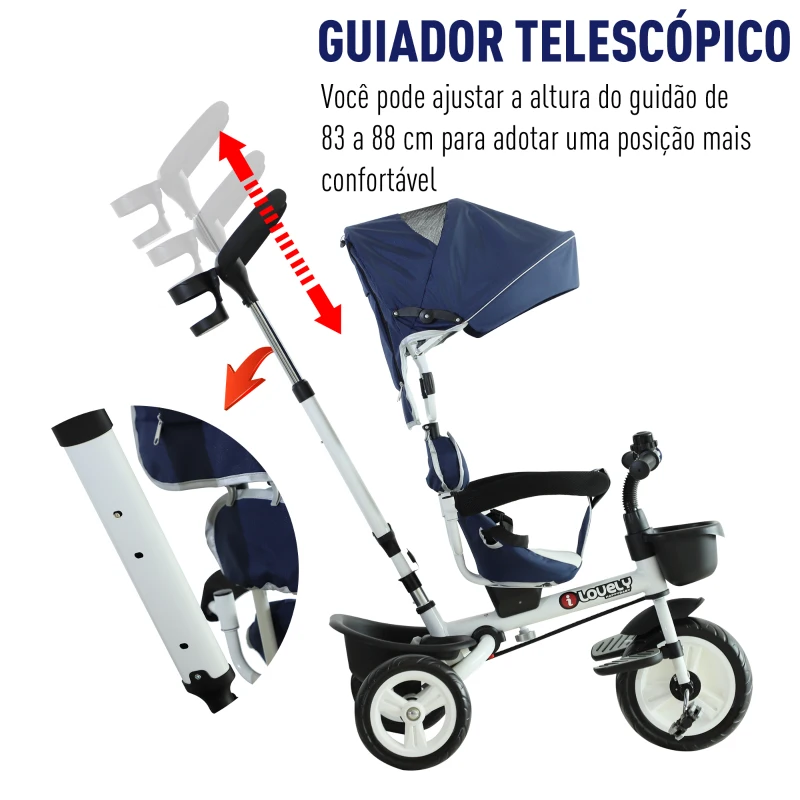 HOMCOM Triciclo  4 em 1 para Crianças acima de 18 Meses evolutivo Assento Giratório com Capuz  Barra Desmontável 118x53x105cm Azul