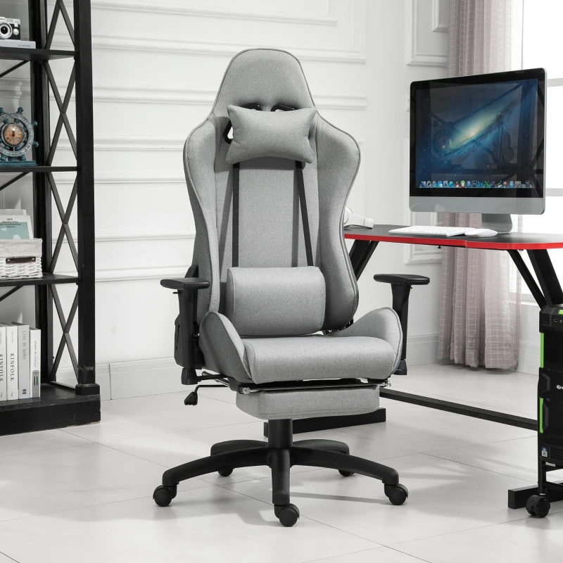 Vinsetto Krzesło biurowe, fotel biurowy, krzesło biurowe z regulowaną poduszką pod plecy, tkanina lniana, szare