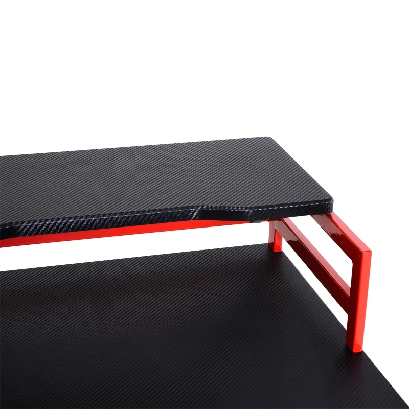 HOMCOM Mesa Gaming Ergonómica 120 cm Escritorio Gaming desk para Computadora PC con Estantes de Monitor y Ganchos para Auriculares Fibra de Carbono 168x66x92,5 cm Negro y Rojo