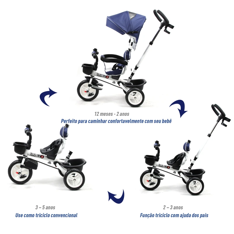 HOMCOM Triciclo  4 em 1 para Crianças acima de 18 Meses evolutivo Assento Giratório com Capuz  Barra Desmontável 118x53x105cm Azul