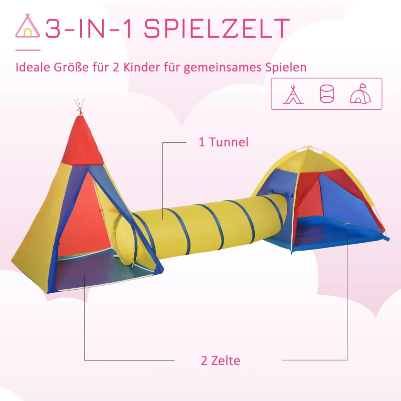 HOMCOM Spielzelt Kinderzelt Babyzelt mit krabbeltunnel Fenster Spielhaus mit Tragetasche für 3-8 Jahre alt 170T Polyester 360 x 120 x 132 cm
