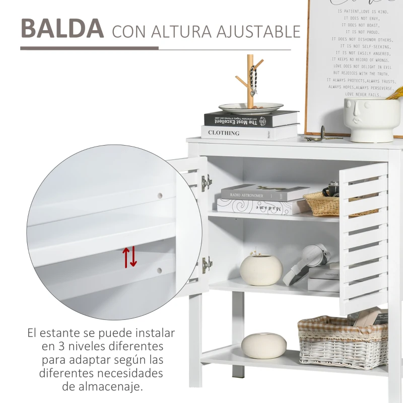 HOMCOM Armario Auxiliar con Puerta de Diseño Persiana Balda Ajustable y Estante Inferior Moderno Minimalista para Cocina Baño Salón 76x30x81 cm Blanco