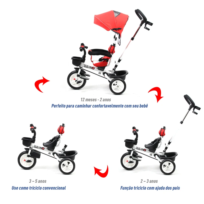 HOMCOM Triciclo para bebê acima de 18 meses 4 em 1 Evolutivo Giratório Brinquedo de Aprendizagem de Controle Parental 118x53x105 cm Vermelho