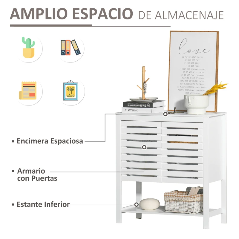 HOMCOM Armario Auxiliar con Puerta de Diseño Persiana Balda Ajustable y Estante Inferior Moderno Minimalista para Cocina Baño Salón 76x30x81 cm Blanco