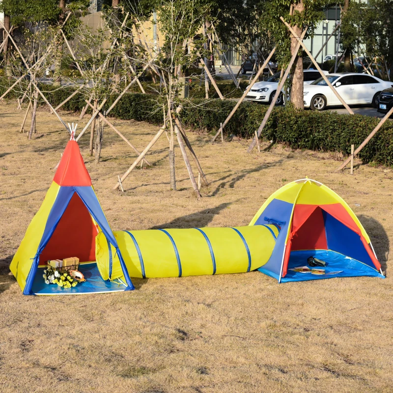 HOMCOM Spielzelt Kinderzelt Babyzelt mit krabbeltunnel Fenster Spielhaus mit Tragetasche für 3-8 Jahre alt 170T Polyester 360 x 120 x 132 cm