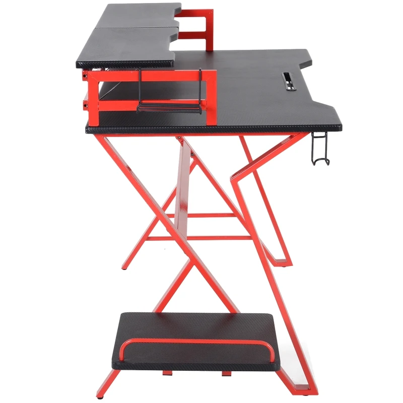 HOMCOM Mesa Gaming Ergonómica 120 cm Escritorio Gaming desk para Computadora PC con Estantes de Monitor y Ganchos para Auriculares Fibra de Carbono 168x66x92,5 cm Negro y Rojo
