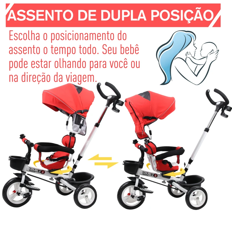HOMCOM Triciclo para bebê acima de 18 meses 4 em 1 Evolutivo Giratório Brinquedo de Aprendizagem de Controle Parental 118x53x105 cm Vermelho