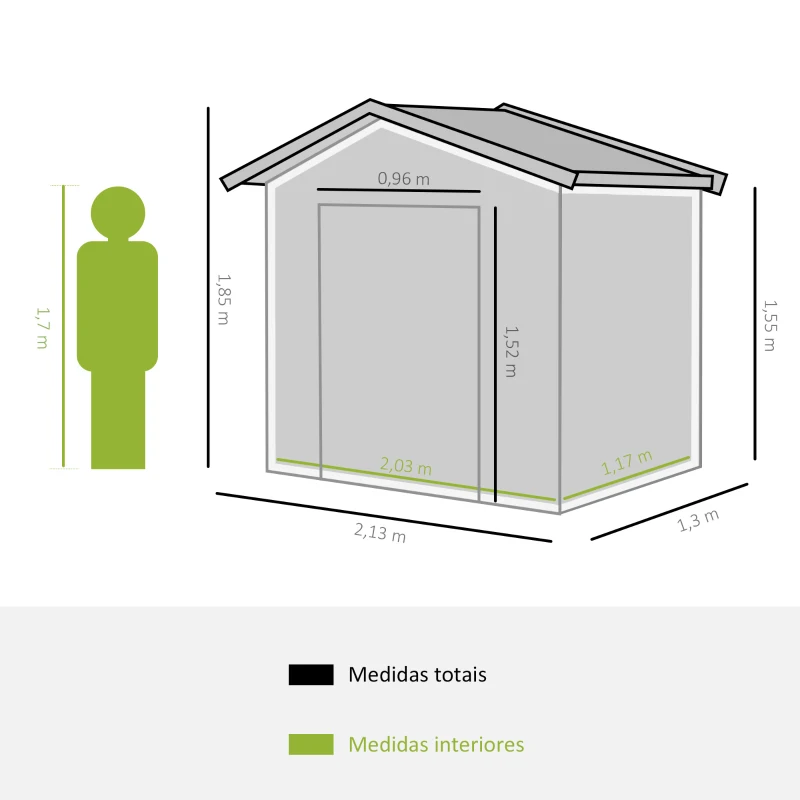 Outsunny Abrigo de Jardim 213x130x185cm Abrigo de Jardim Metálico de Exterior com 2 Portas Deslizantes e 4 Janelas Marrom Claro