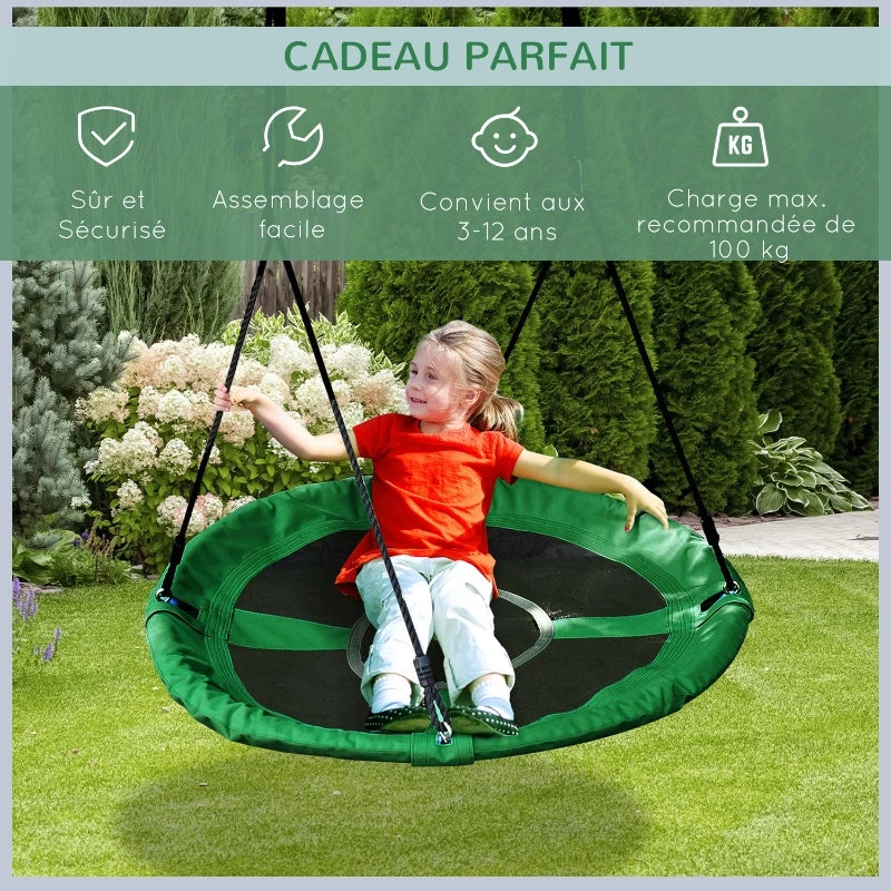 Outsunny Balançoire nid d'oiseau Ronde balançoire Panier Poids max150 kg Ø 100 x 4,5H cm 4 Anneaux Inclus métal époxy Oxford Haute densité 300D Enfant et Adulte Vert