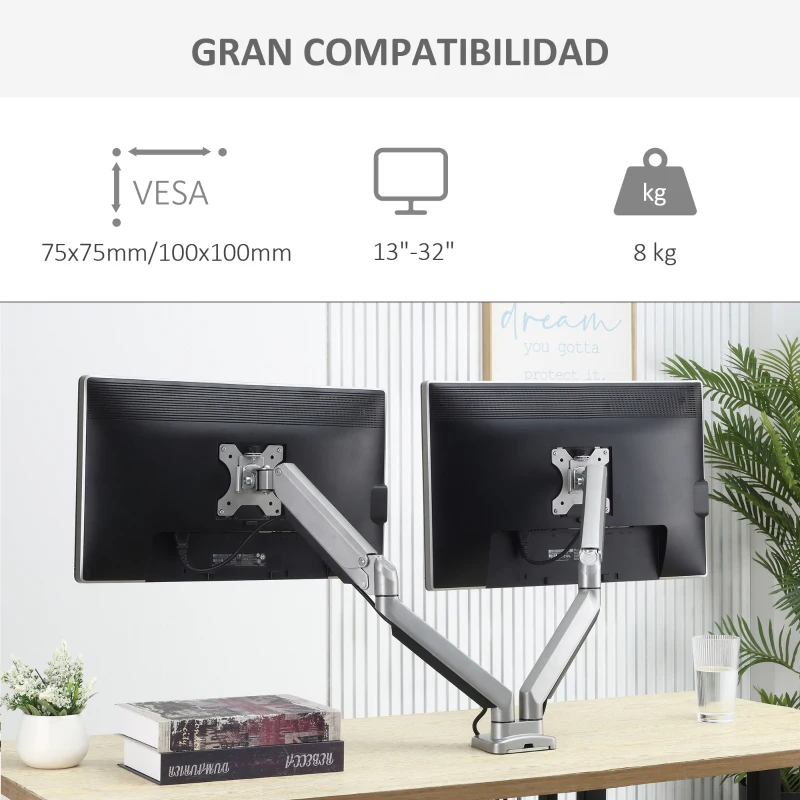 Vinsetto Soporte Monitor Doble para Pantallas LED LCD de 13-32 Pulgadas VESA 75/100 mm con Brazo Ajustable y Giratorio 360° de Aluminio 2 Opciones de Montaje 93x11x47 cm Plata