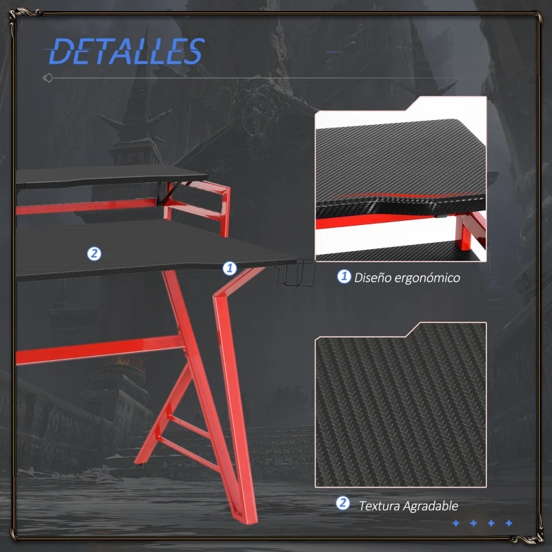 HOMCOM Mesa Gaming Ergonómica 120 cm Escritorio Gaming desk para Computadora PC con Estantes de Monitor y Ganchos para Auriculares Fibra de Carbono 168x66x92,5 cm Negro y Rojo