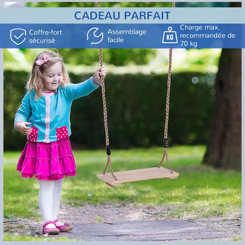 HOMCOM Siège de balançoire pour Enfants dim. 40L x 16l x 120H cm Bois Massif de pin Cordes Anneaux