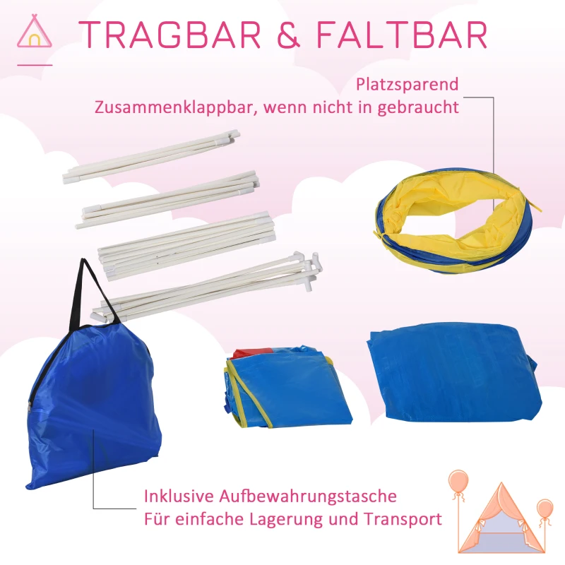 HOMCOM Spielzelt Kinderzelt Babyzelt mit krabbeltunnel Fenster Spielhaus mit Tragetasche für 3-8 Jahre alt 170T Polyester 360 x 120 x 132 cm