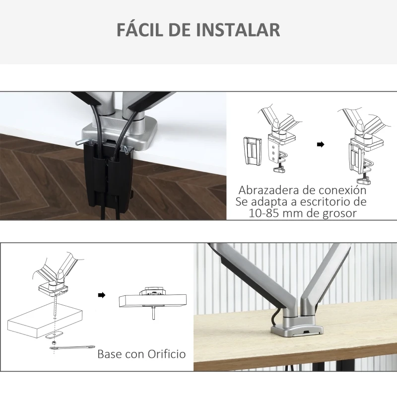 Vinsetto Soporte Monitor Doble para Pantallas LED LCD de 13-32 Pulgadas VESA 75/100 mm con Brazo Ajustable y Giratorio 360° de Aluminio 2 Opciones de Montaje 93x11x47 cm Plata