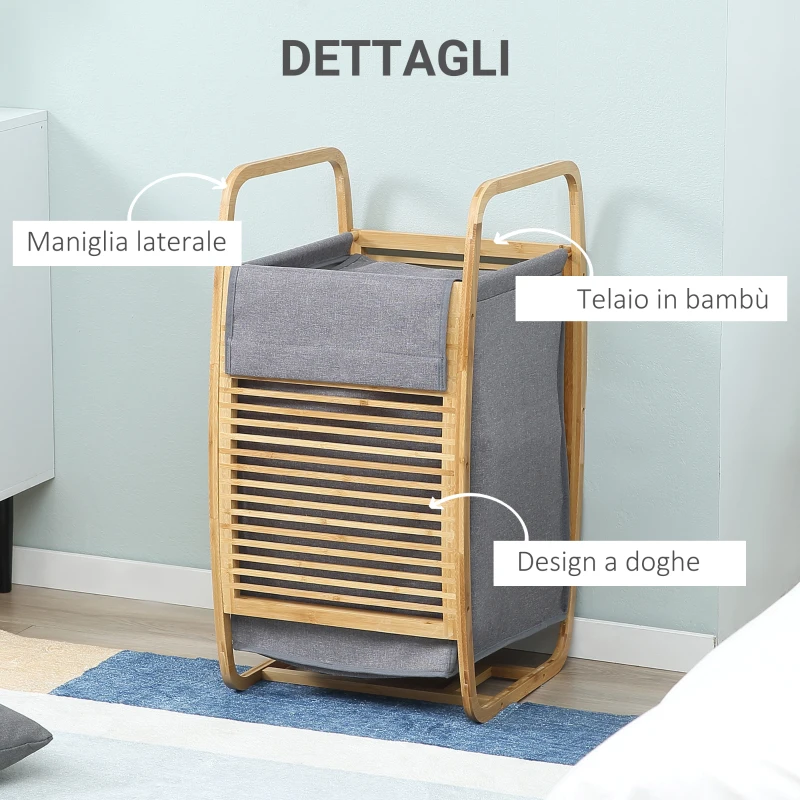 HOMCOM Cesto Portabiancheria in Bambù e Sacco in Tessuto con Coperchio, 38.5x46.5x75cm, Grigio