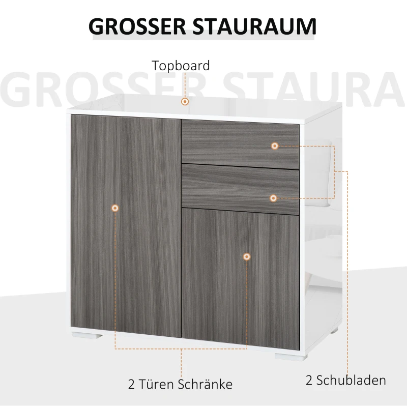 HOMCOM vrijstaande kast opbergkast multifunctionele kast archiefkast dressoir 2 lades 2 deuren E1 spaanplaat hoogglans wit + lichtgrijs 79 x 36 x 74 cm