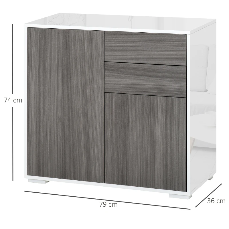HOMCOM vrijstaande kast opbergkast multifunctionele kast archiefkast dressoir 2 lades 2 deuren E1 spaanplaat hoogglans wit + lichtgrijs 79 x 36 x 74 cm