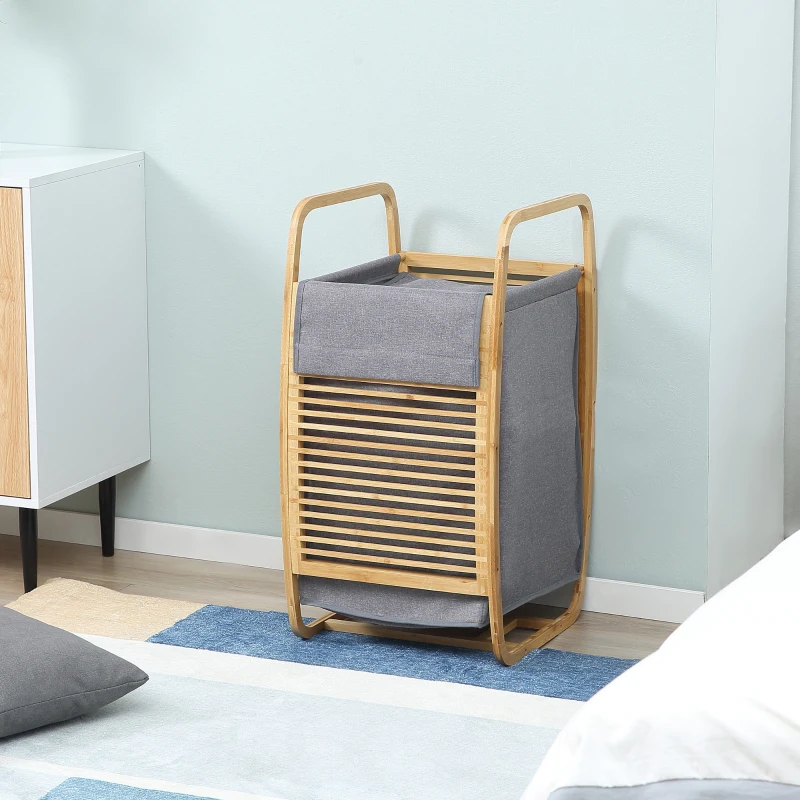 HOMCOM Cesto Portabiancheria in Bambù e Sacco in Tessuto con Coperchio, 38.5x46.5x75cm, Grigio