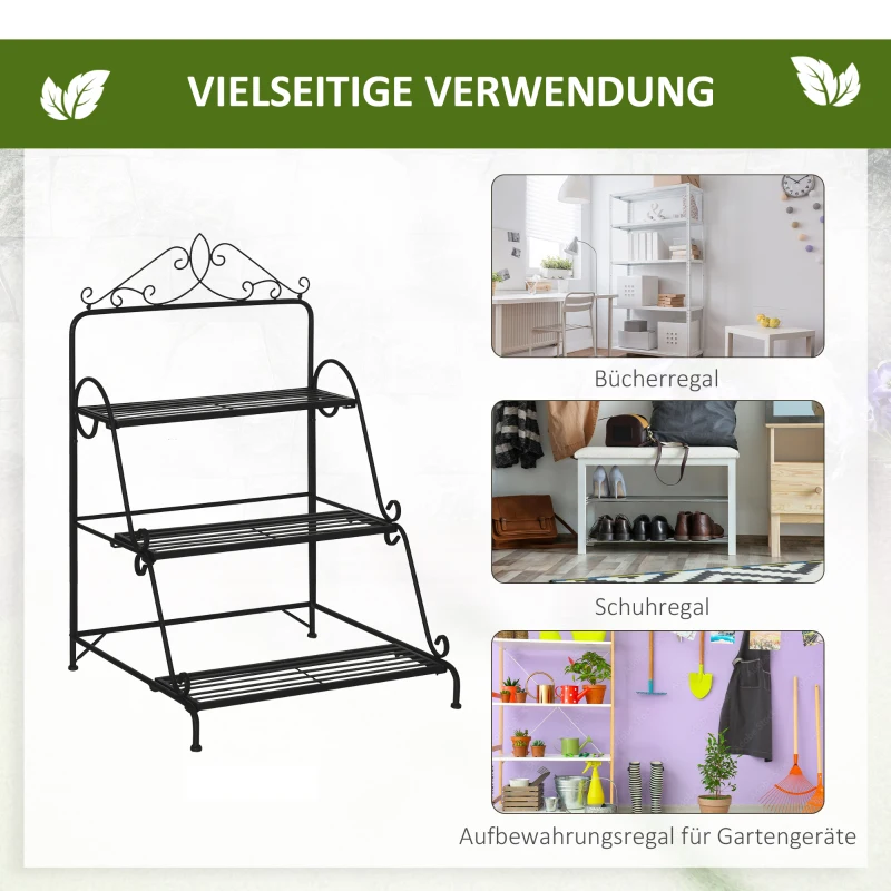Outsunny 3-laags decoratieve plantenstandaard metaal zwart 60,5 x 59,5 x 95,5 cm