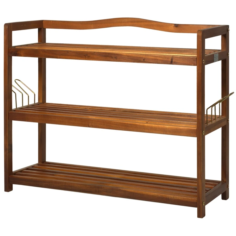 HOMCOM 3-Tier Shoe Rack, Acacia Wooden Shoe Storage Organiser with 2 Hangers, Holds up to 12 Pairs, for Entryway, Living Room, 74 x 26 x 62 cm, Teak
