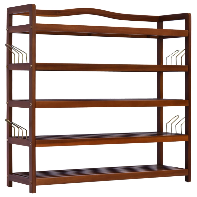 HOMCOM 5-Tier Shoe Rack, Acacia Wooden Shoe Storage Organiser with Hangers, Holds up to 24 Pairs, for Entryway, Living Room, 84 x 26 x 82 cm, Teak