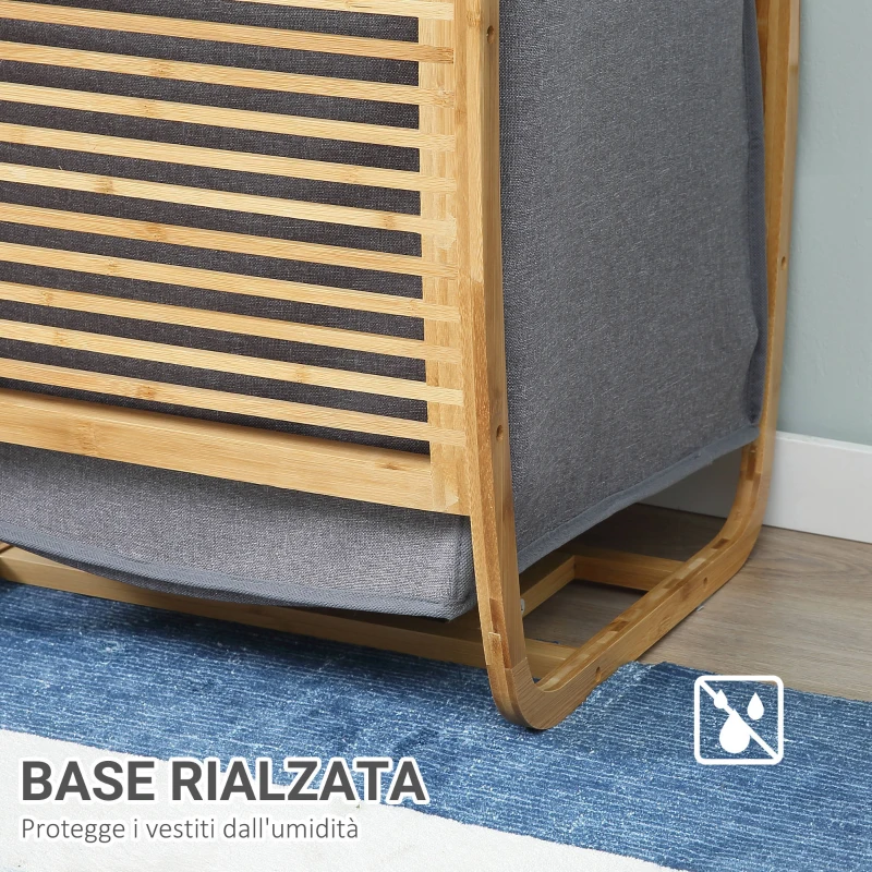 HOMCOM Cesto Portabiancheria in Bambù e Sacco in Tessuto con Coperchio, 38.5x46.5x75cm, Grigio
