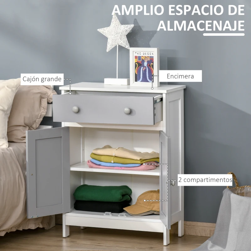 HOMCOM Armario Auxiliar con 1 Cajón 2 Puertas y Estante Ajustable para Baño Cocina Comedor 60x30x80 cm Blanco y Gris