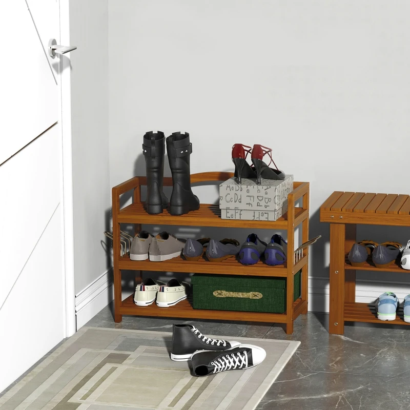 HOMCOM 3-Tier Shoe Rack, Acacia Wooden Shoe Storage Organiser with 2 Hangers, Holds up to 12 Pairs, for Entryway, Living Room, 74 x 26 x 62 cm, Teak