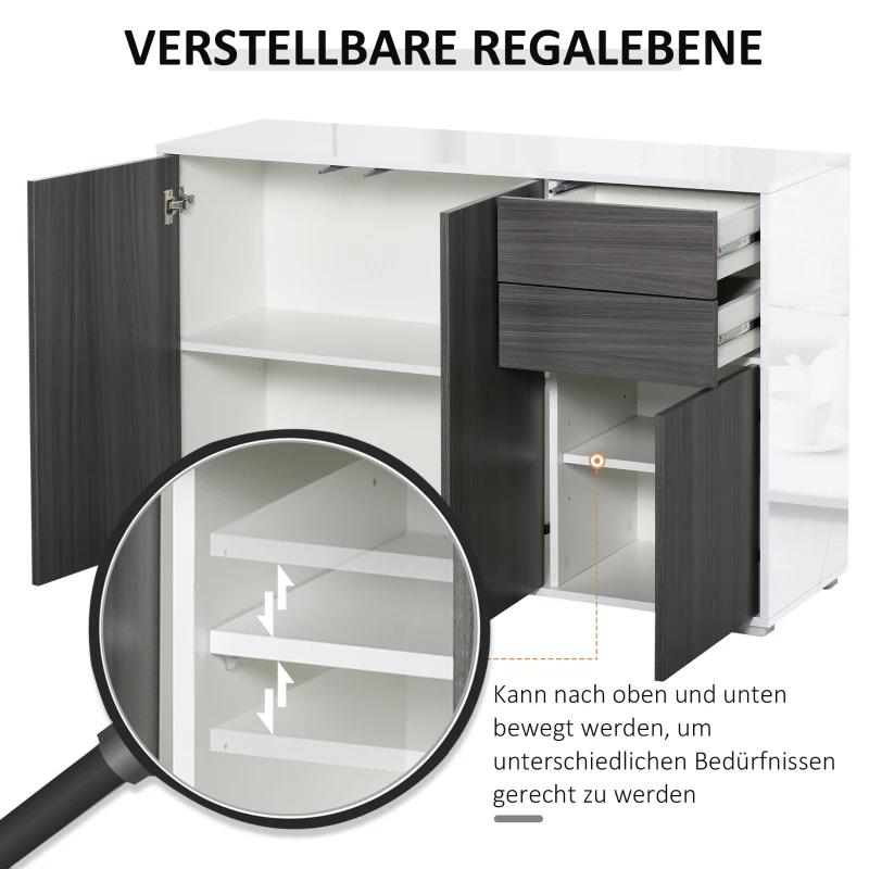 HOMCOM vrijstaande kast opbergkast multifunctionele kast archiefkast dressoir 2 lades 3 deuren E1 spaanplaat hoogglans wit + lichtgrijs 117 x 36 x 74 cm