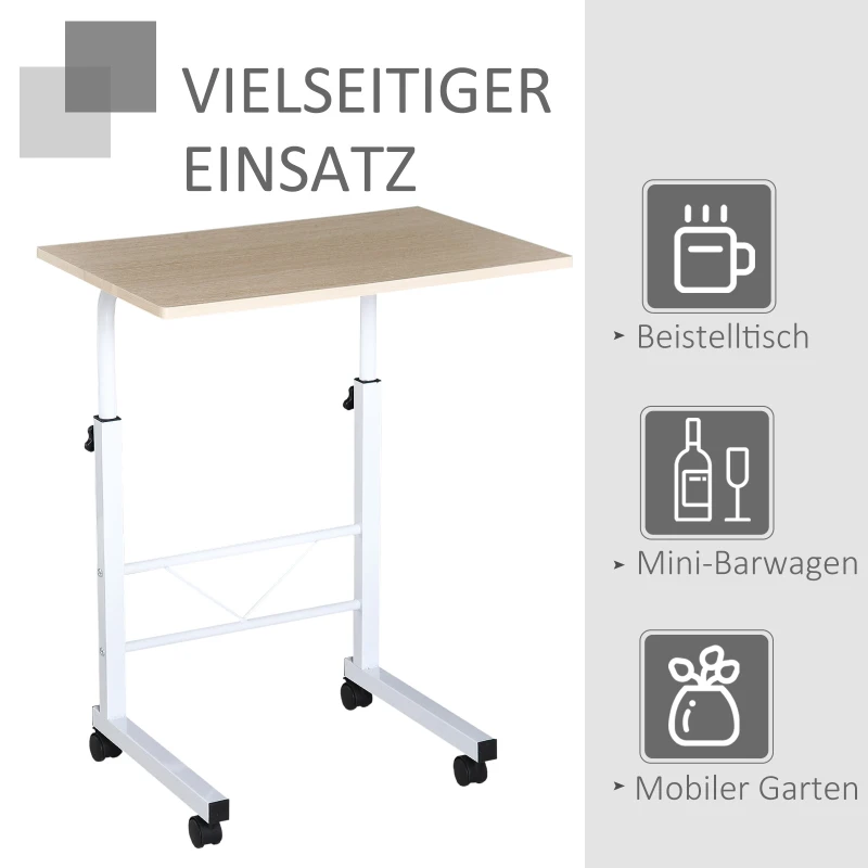 HOMCOM bijzettafel in hoogte verstelbare salontafel verrijdbaar bureau met wielen parkeerremmen C-vormige tafel spaanplaat staal ijzer kunststof wit esdoorn 60 x 40 x 68-78 cm