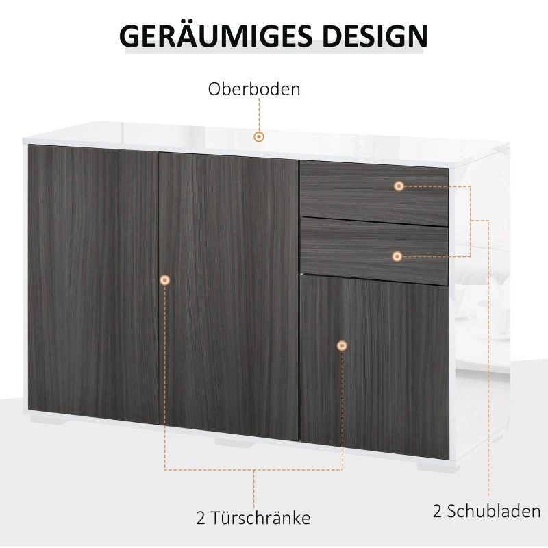 HOMCOM vrijstaande kast opbergkast multifunctionele kast archiefkast dressoir 2 lades 3 deuren E1 spaanplaat hoogglans wit + lichtgrijs 117 x 36 x 74 cm
