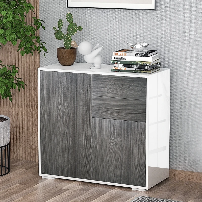 HOMCOM vrijstaande kast opbergkast multifunctionele kast archiefkast dressoir 2 lades 2 deuren E1 spaanplaat hoogglans wit + lichtgrijs 79 x 36 x 74 cm