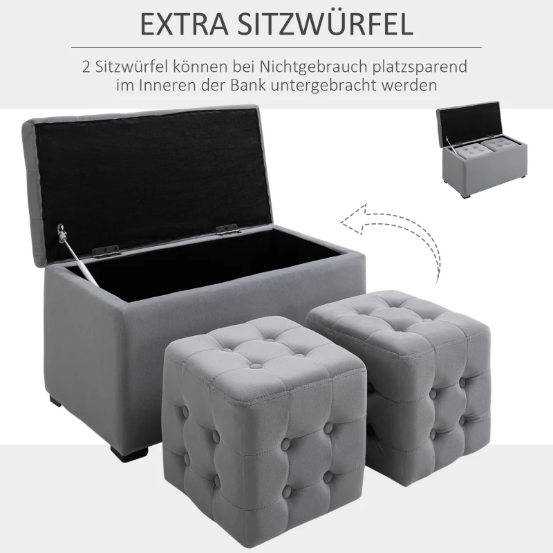 HOMCOM 3-delige bank met opbergruimte 2 x poef stoffering poef zitbank opbergbox voetenbank opvouwbaar belastbaar tot 130 kg microfiber schuim materiaal op houtbasis lichtgrijs 75x40x42 cm