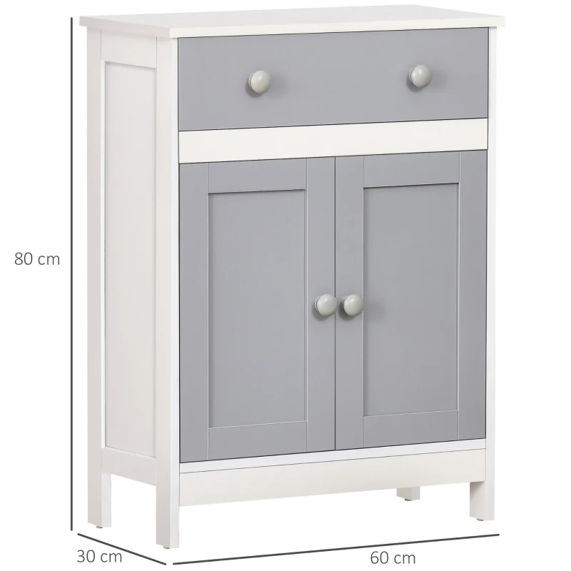 HOMCOM Armario Auxiliar con 1 Cajón 2 Puertas y Estante Ajustable para Baño Cocina Comedor 60x30x80 cm Blanco y Gris