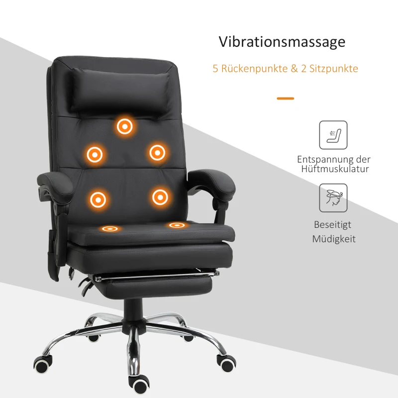 Vinsetto Massagesessel Chefsessel mit Massagefunktion 7 Vibrationsmassagepunkte höhenverstellbarer Drehstuhl Bürostuhl mit Fußstütze Kopfstütze Galvanik Schaumstoff PVC Schwarz 67 x 70 x 112-120 cm