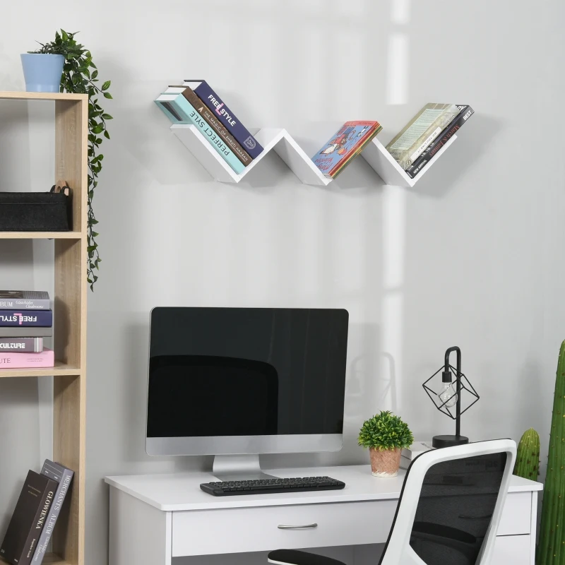 HOMCOM Unique V-Shape Wall Mounted Floating Bookcase Bookshelf in Compact and Efficient Design with CD, DVD, Book Storage Shelf Rack, for Living Room, Study Room, Office, Dorm, White