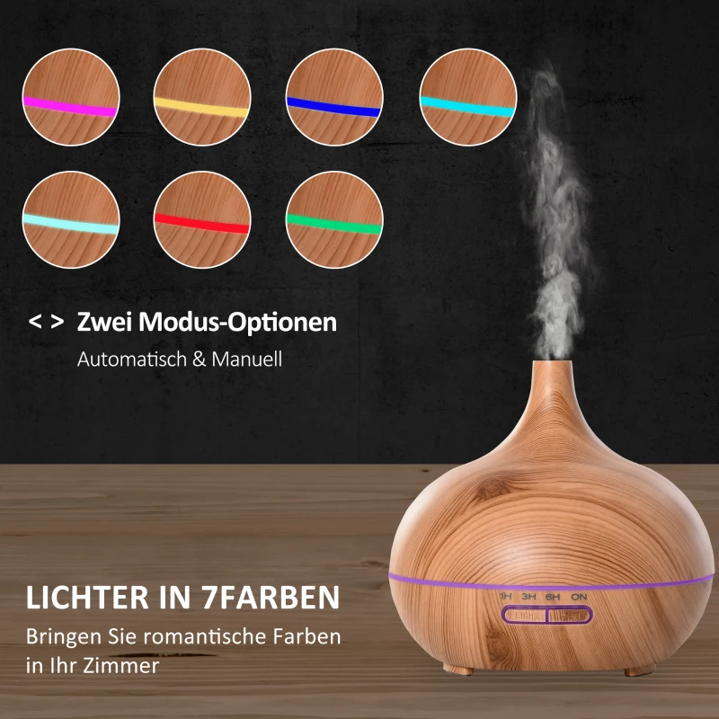 HOMCOM Aroma diffuser luchtbevochtiger 7 kleuren LED thuis kantoor 400 ml naturel