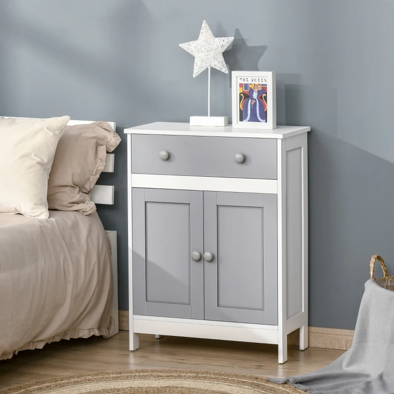 HOMCOM Armario Auxiliar con 1 Cajón 2 Puertas y Estante Ajustable para Baño Cocina Comedor 60x30x80 cm Blanco y Gris