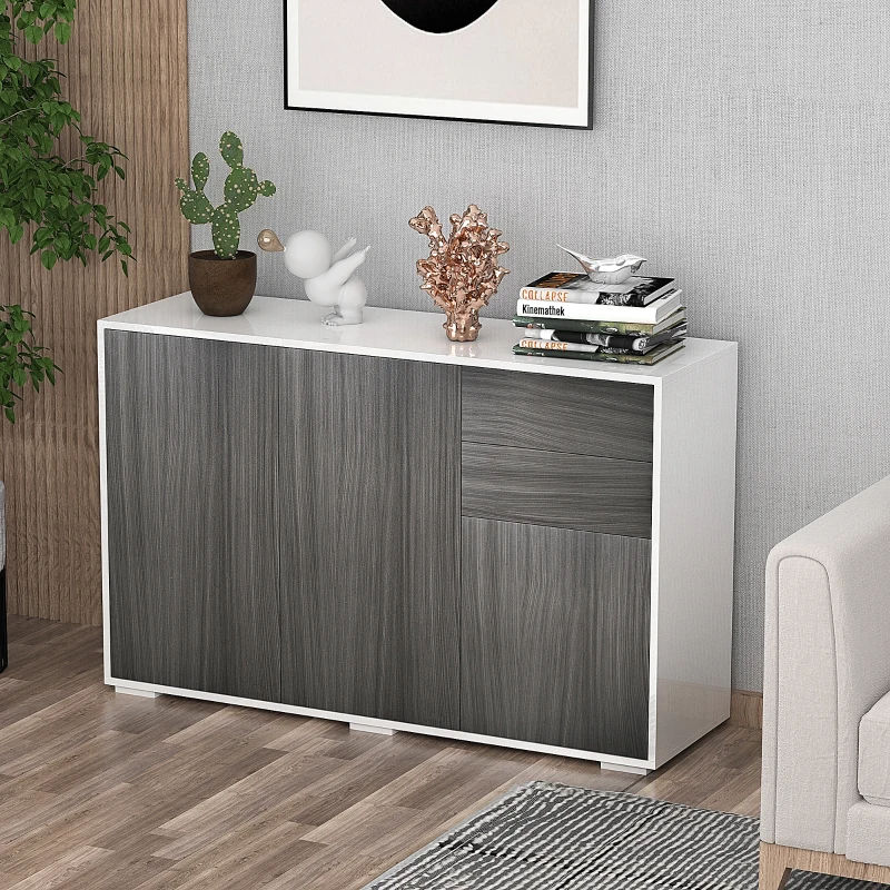HOMCOM vrijstaande kast opbergkast multifunctionele kast archiefkast dressoir 2 lades 3 deuren E1 spaanplaat hoogglans wit + lichtgrijs 117 x 36 x 74 cm