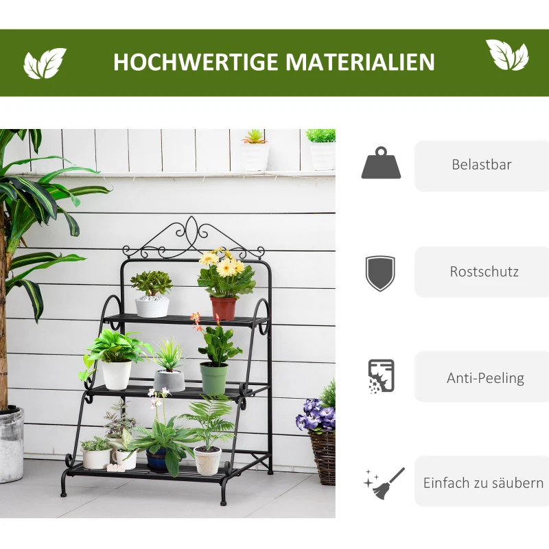 Outsunny 3-laags decoratieve plantenstandaard metaal zwart 60,5 x 59,5 x 95,5 cm