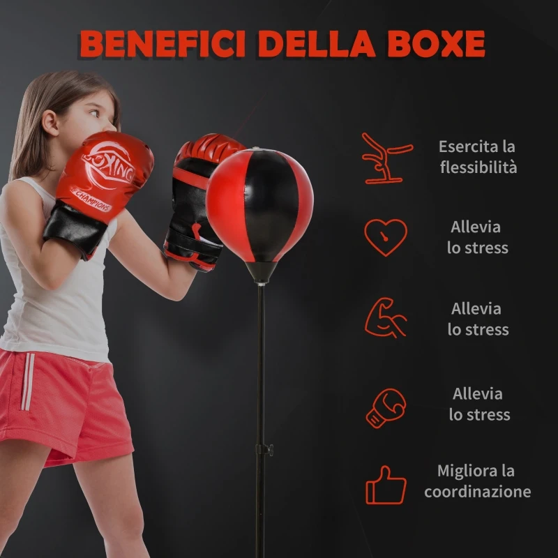 HOMCOM Punching Ball per Bambini, Set con Guantoni e Altezza Regolabile 73-109cm - Rosso, Nero