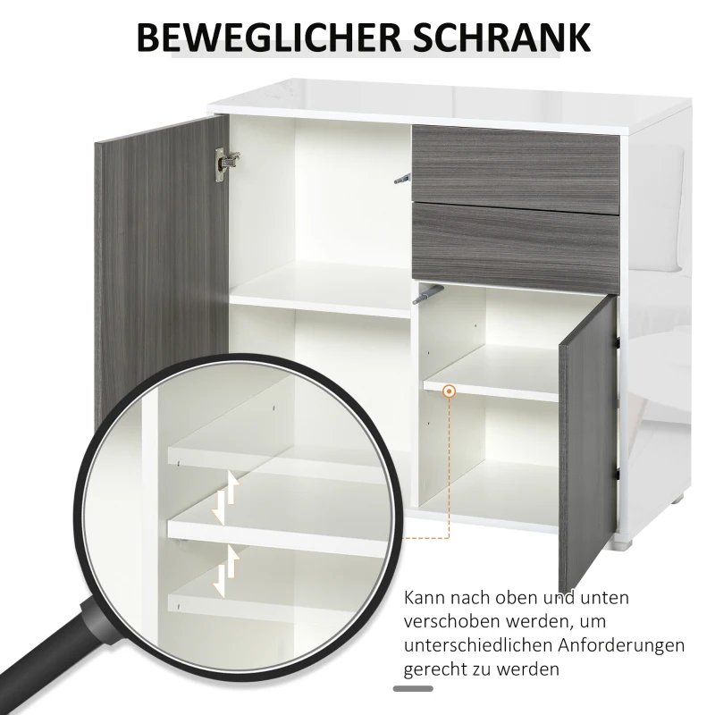 HOMCOM vrijstaande kast opbergkast multifunctionele kast archiefkast dressoir 2 lades 2 deuren E1 spaanplaat hoogglans wit + lichtgrijs 79 x 36 x 74 cm