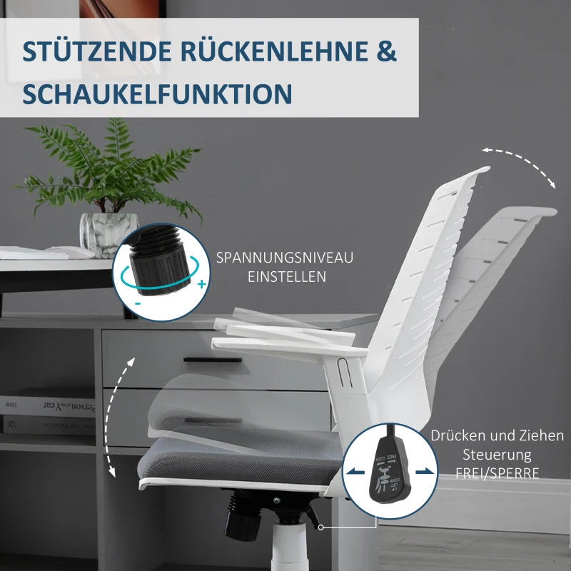 Vinsetto Fotel biurowy, krzesło do gier, fotel gamingowy, fotel obrotowy, funkcja przechylania, wyściełane oparcie, ergonomiczny design, z regulacją wysokości, nylon, tworzywo sztuczne PU, szary 62x 55x 84,5-91,5 cm