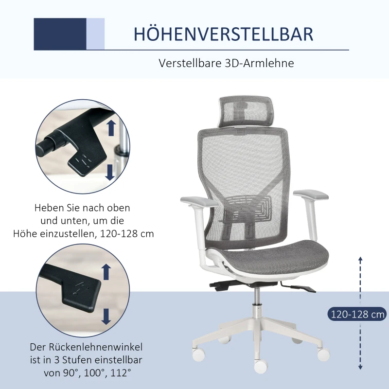 Vinsetto bureaustoel met hoofdsteun 3D-armleuning 3 niveaus in hoogte verstelbaar ergonomische netstof schuimgrijs 67 x 65 x 120-128 cm