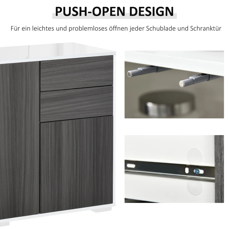 HOMCOM vrijstaande kast opbergkast multifunctionele kast archiefkast dressoir 2 lades 3 deuren E1 spaanplaat hoogglans wit + lichtgrijs 117 x 36 x 74 cm
